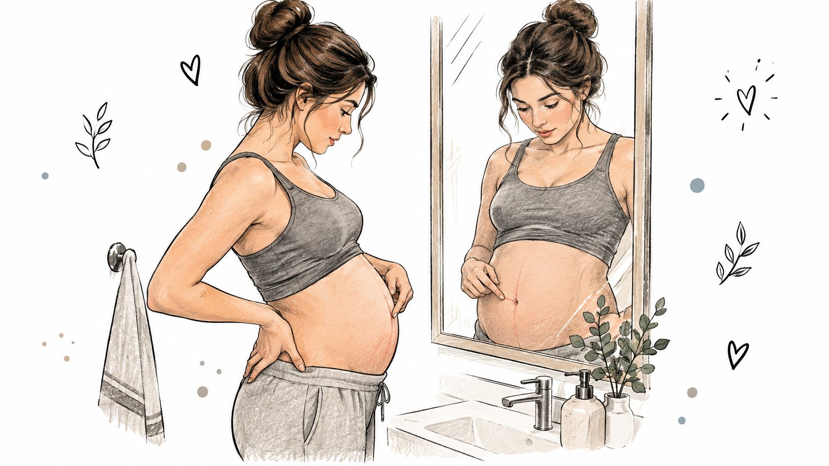 A pregnant woman looks at her reflection in the mirror, examining the skin of her stomach.
