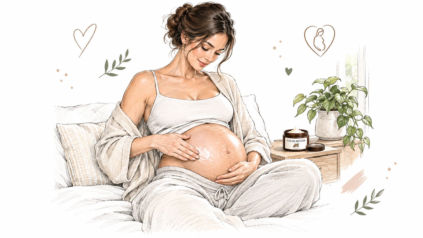A pregnant woman sitting on a bed applying cocoa butter to her belly for skincare.