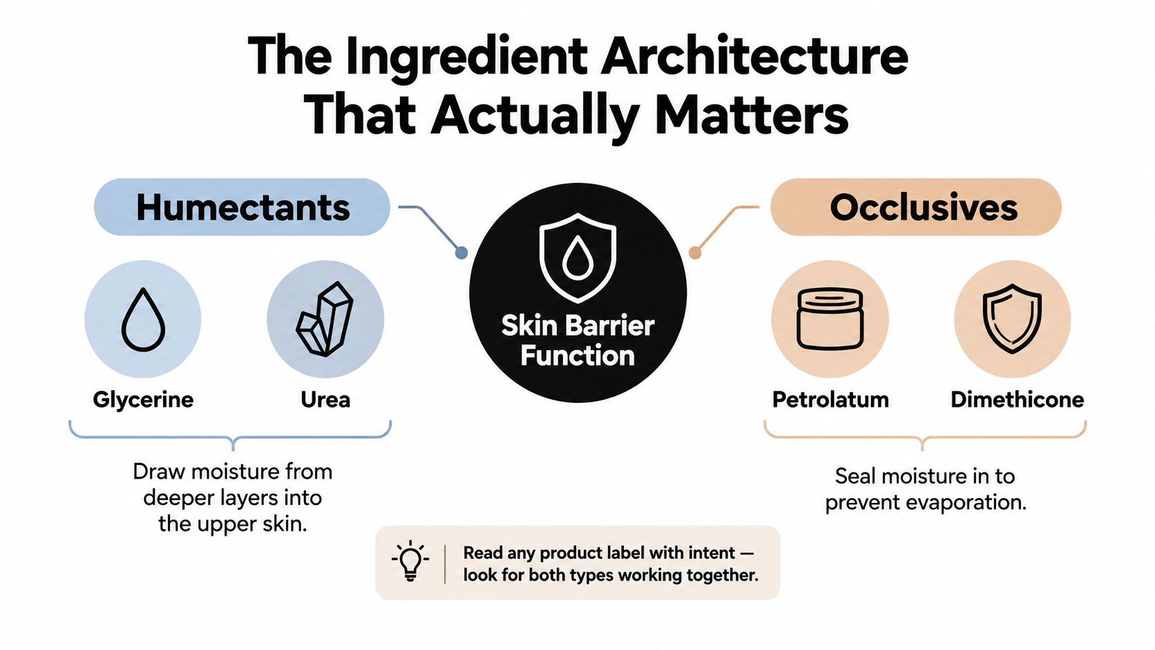 A diagram explaining the skin barrier function by balancing humectants like glycerine and occlusives like petrolatum.