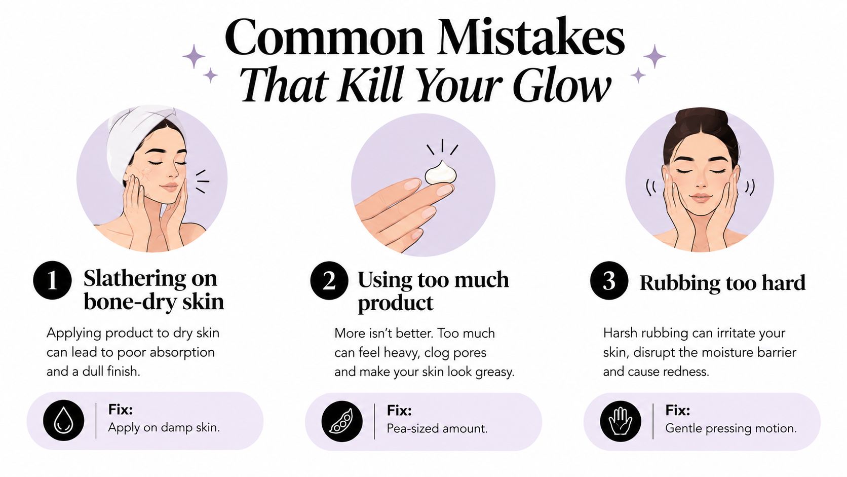 An infographic detailing common skincare mistakes such as applying product to dry skin and using too much.