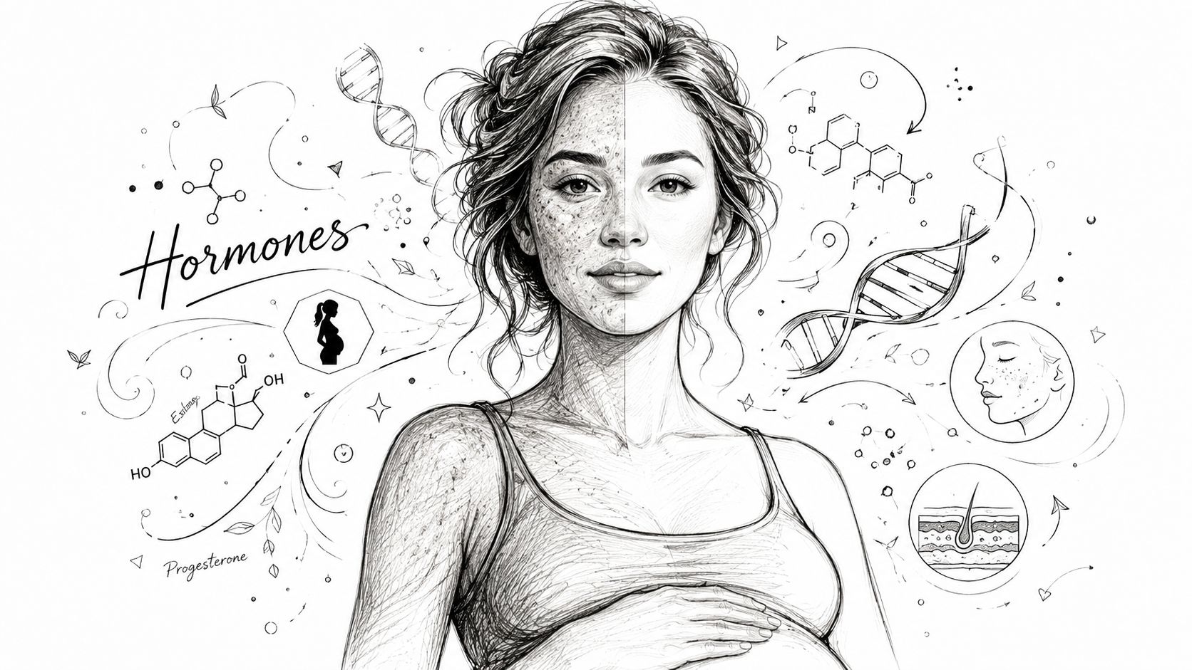 An artistic sketch showing a pregnant woman and hormonal factors affecting skin texture and health conditions.