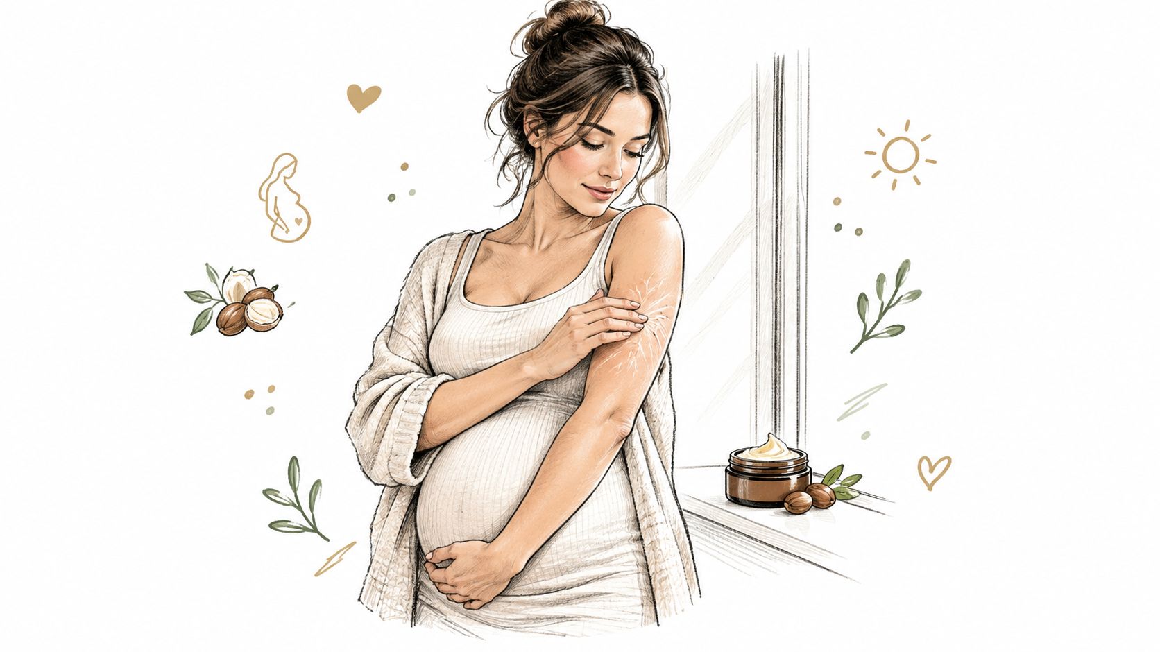 A pregnant woman applying skincare cream to her arm, featuring botanical illustrations and gentle sketch-style artistry.