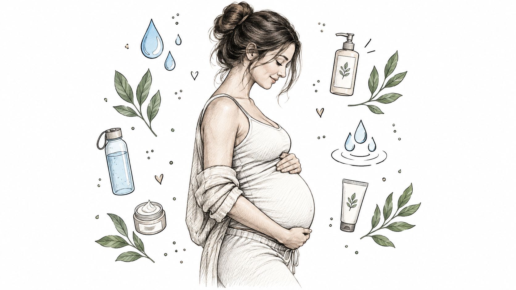 A pregnant woman surrounded by natural skincare products, water droplets, and botanical leaf illustrations.