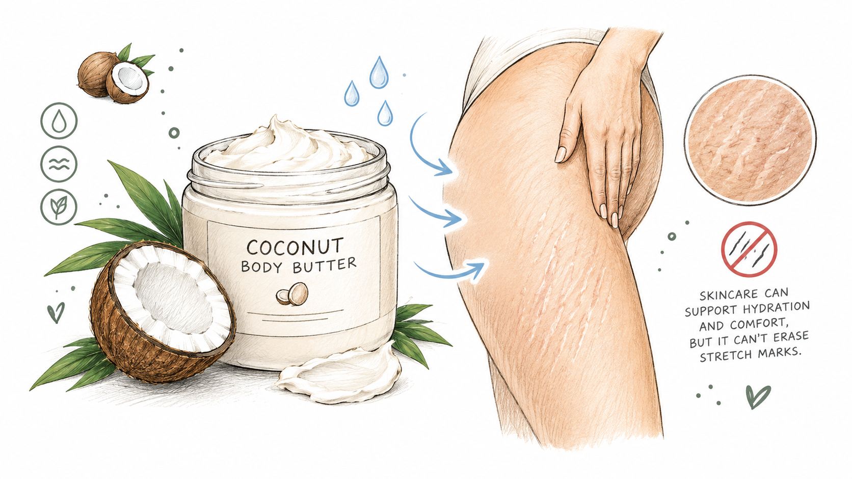 An illustration of coconut body butter with a cross-section of a coconut showing skin hydration and stretch marks.