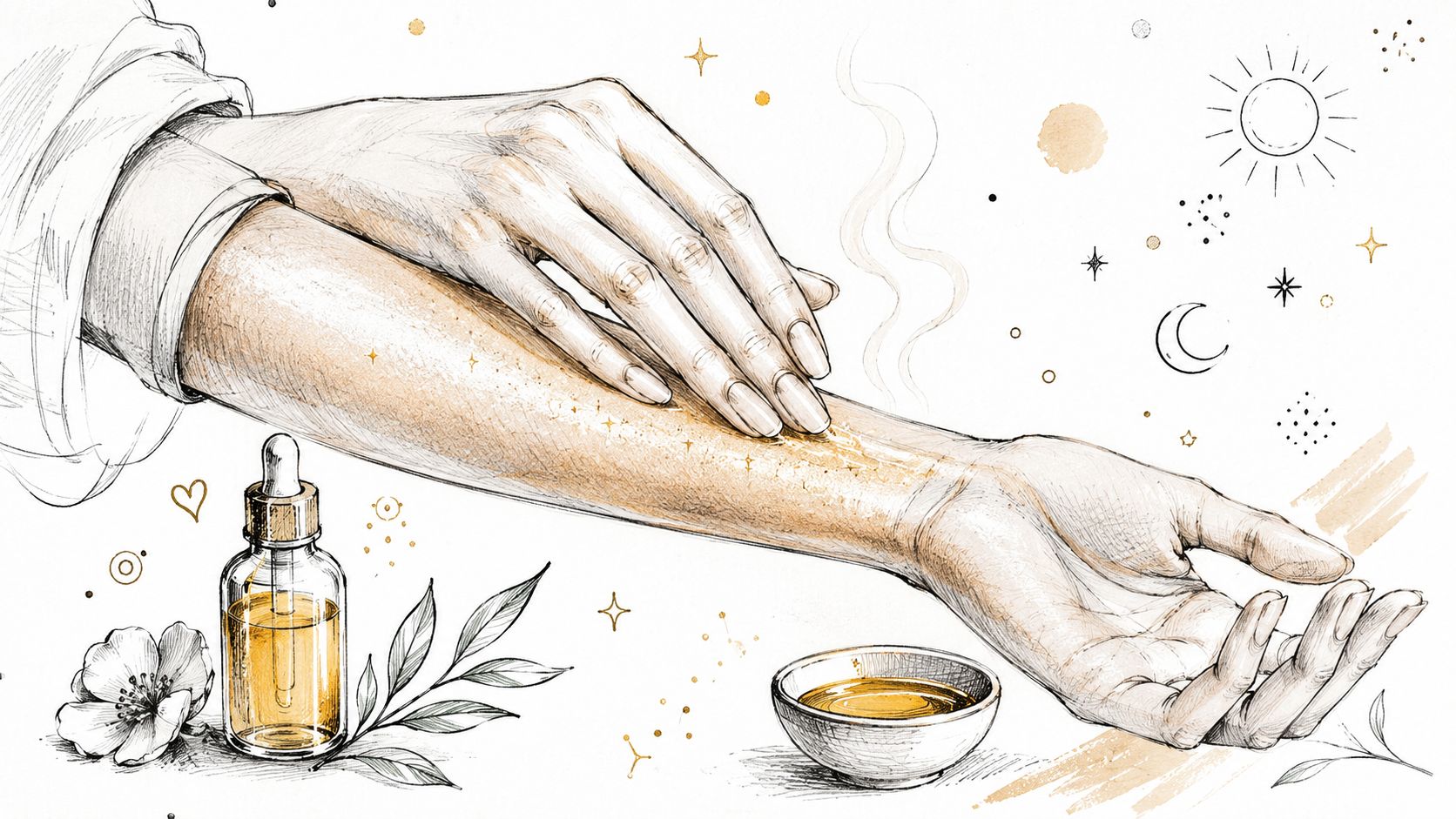 A detailed illustration of a person applying golden shimmering body oil to their arm with a dropper bottle.