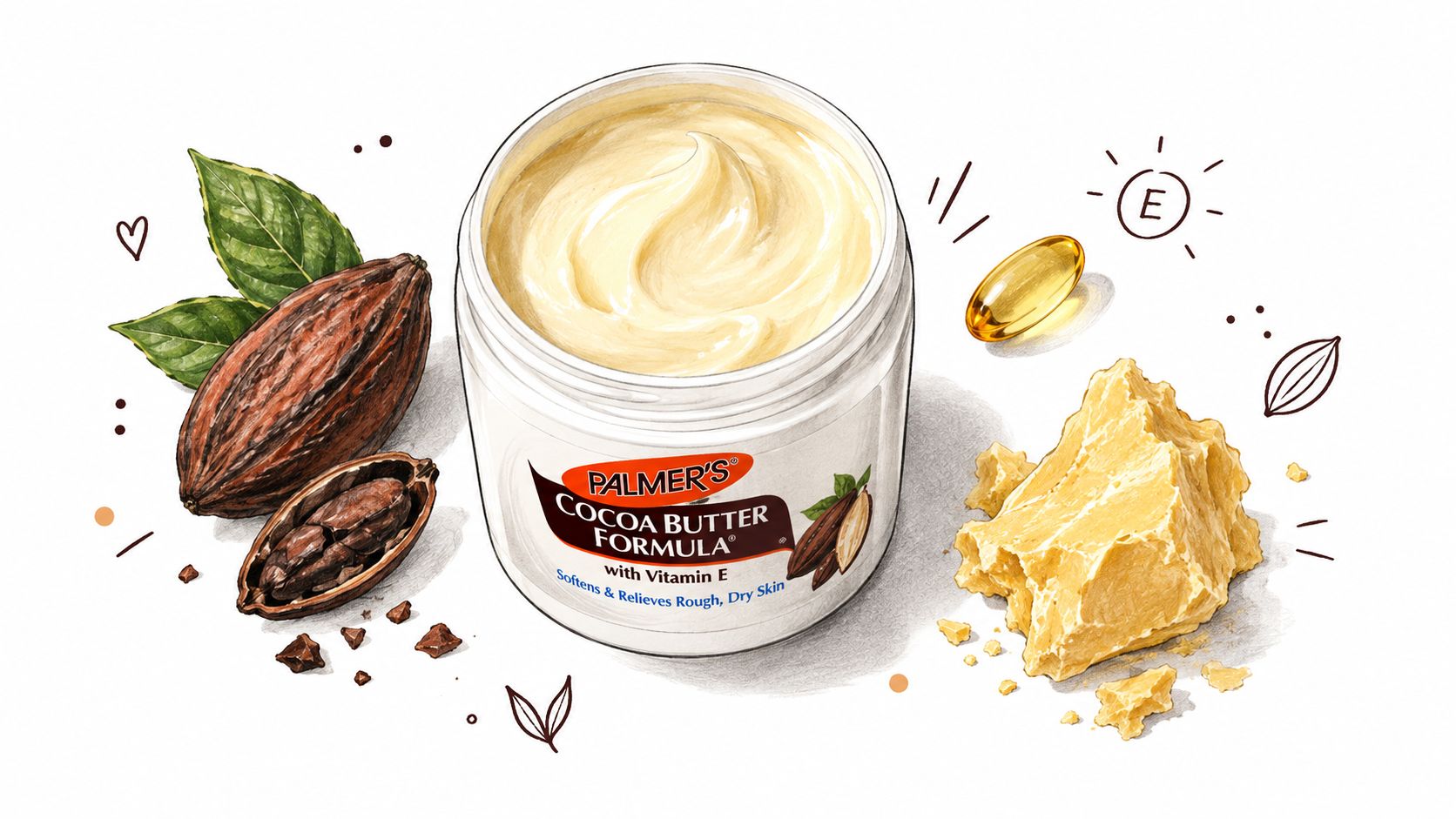 A tub of Palmer's Cocoa Butter Formula cream surrounded by cacao pods, cocoa beans, and Vitamin E.
