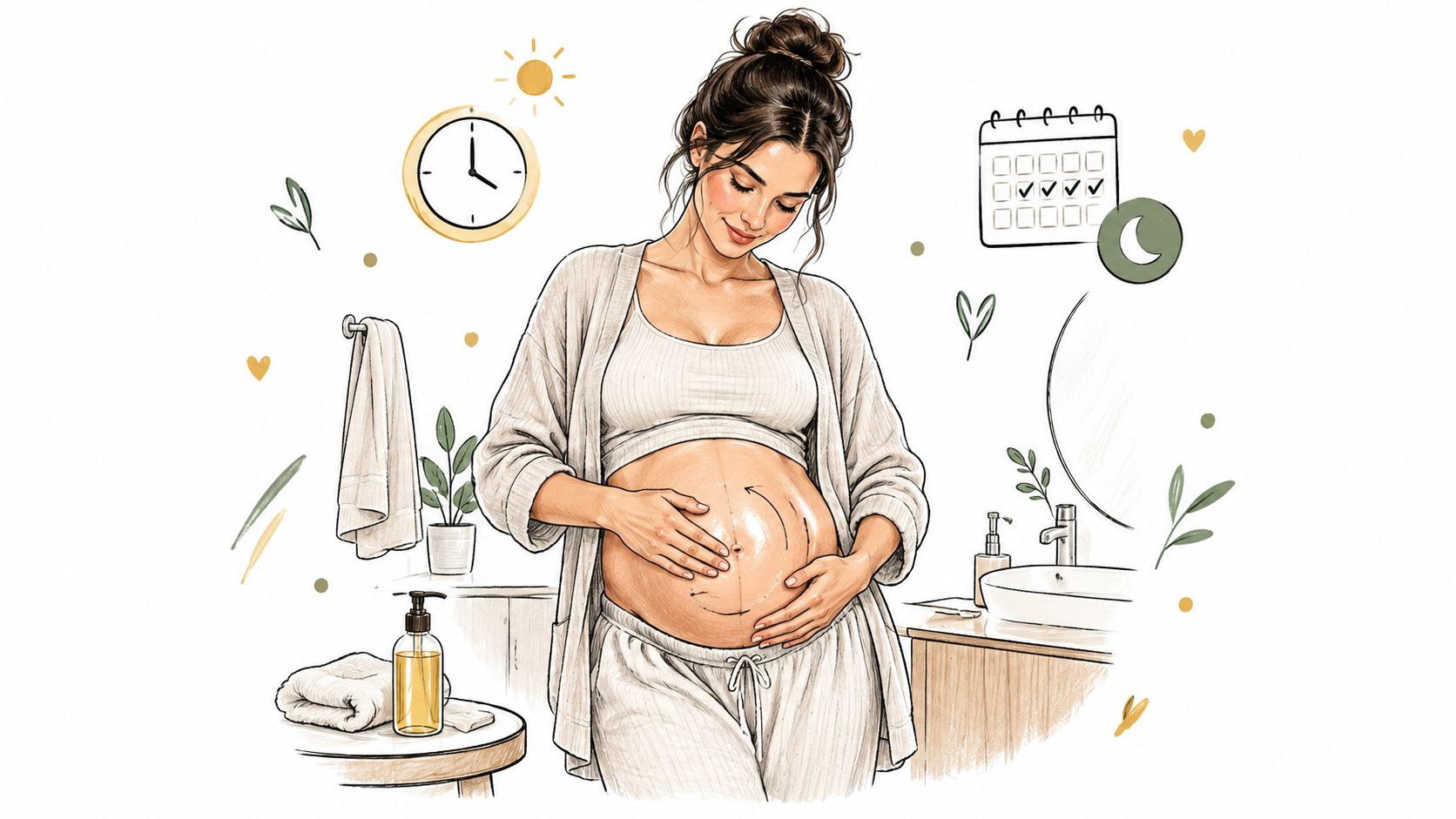 A pregnant woman gently applying oil to her belly in a bathroom setting during her daily routine.