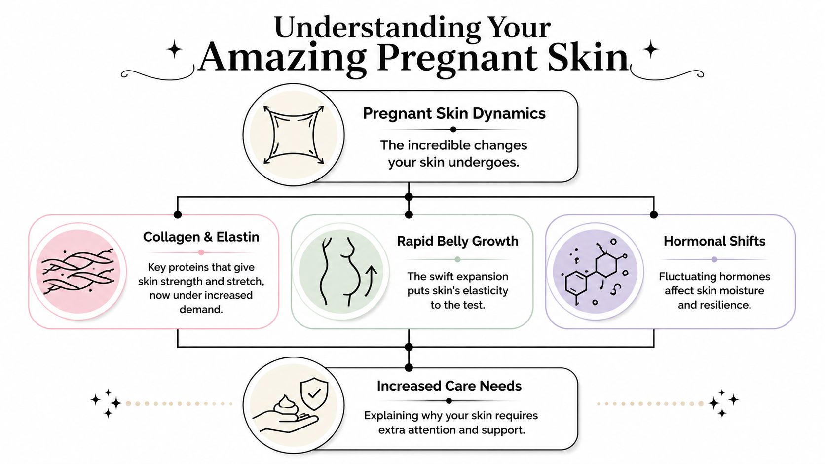 A diagram explaining skin changes during pregnancy, including collagen, rapid belly growth, hormonal shifts, and care needs.