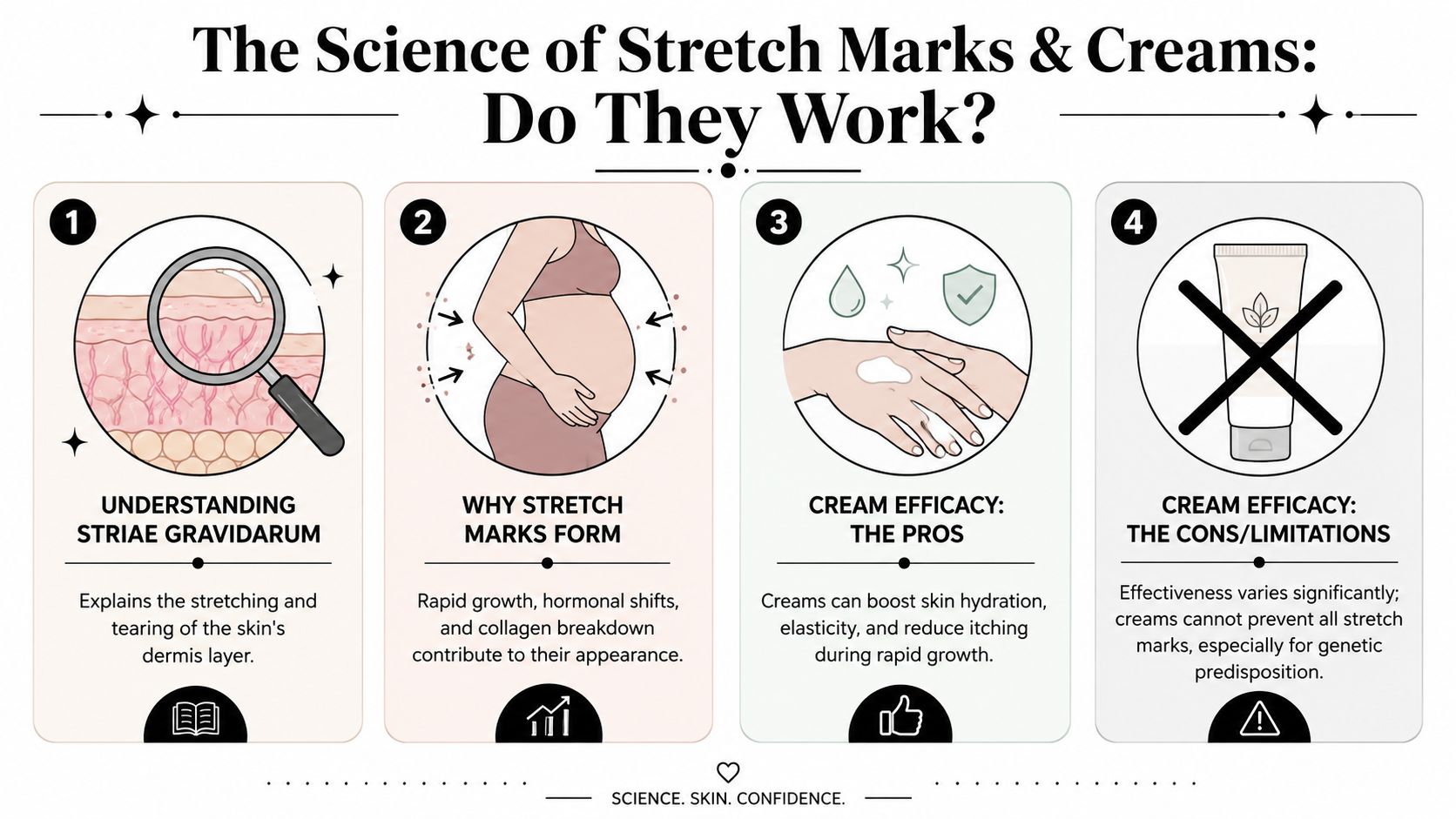 An infographic titled The Science of Stretch Marks & Creams explaining causes and efficacy of treatments.
