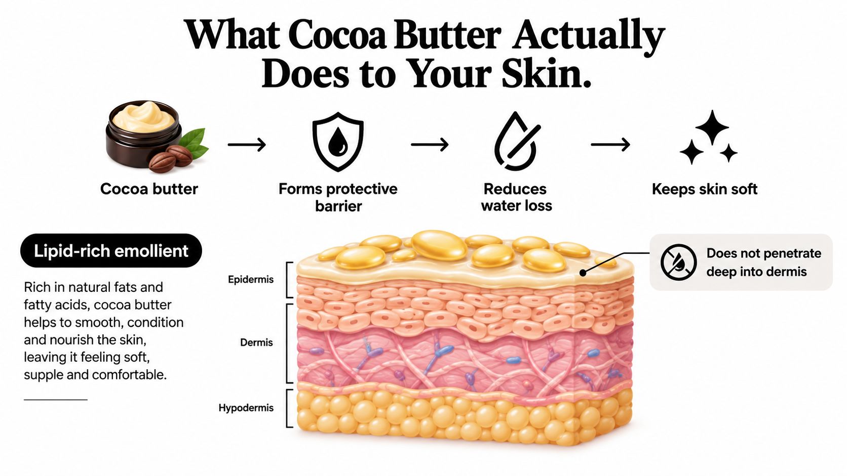 A scientific infographic showing how cocoa butter creates a protective barrier on the skin's surface.