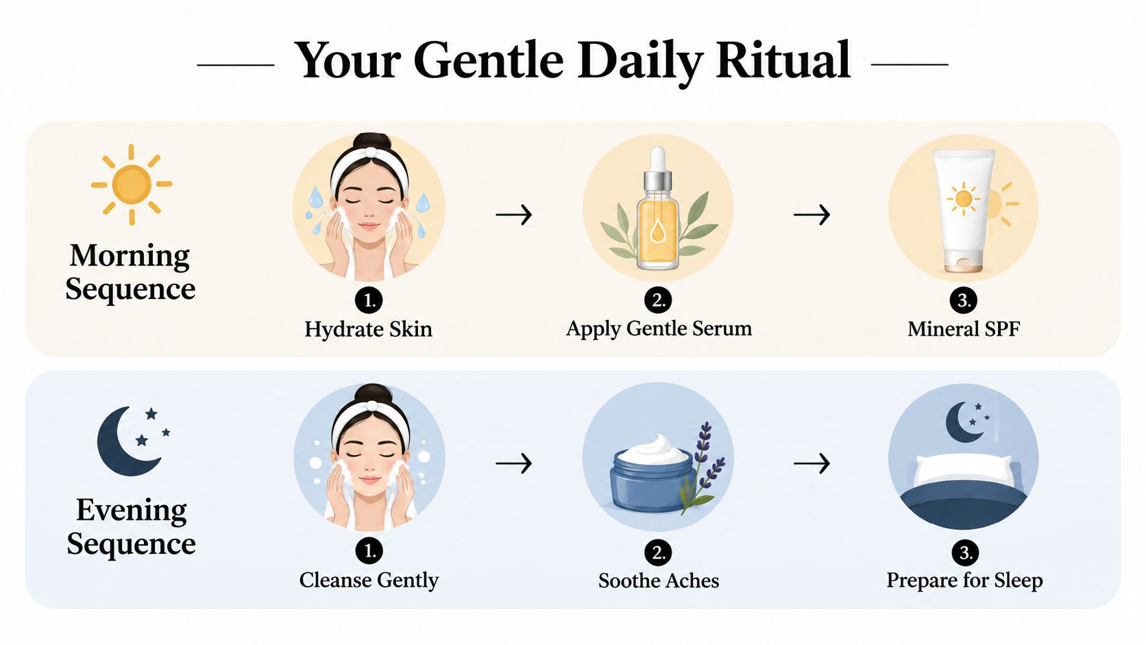 A gentle daily skincare and relaxation ritual guide featuring morning and evening routines for a balanced lifestyle.