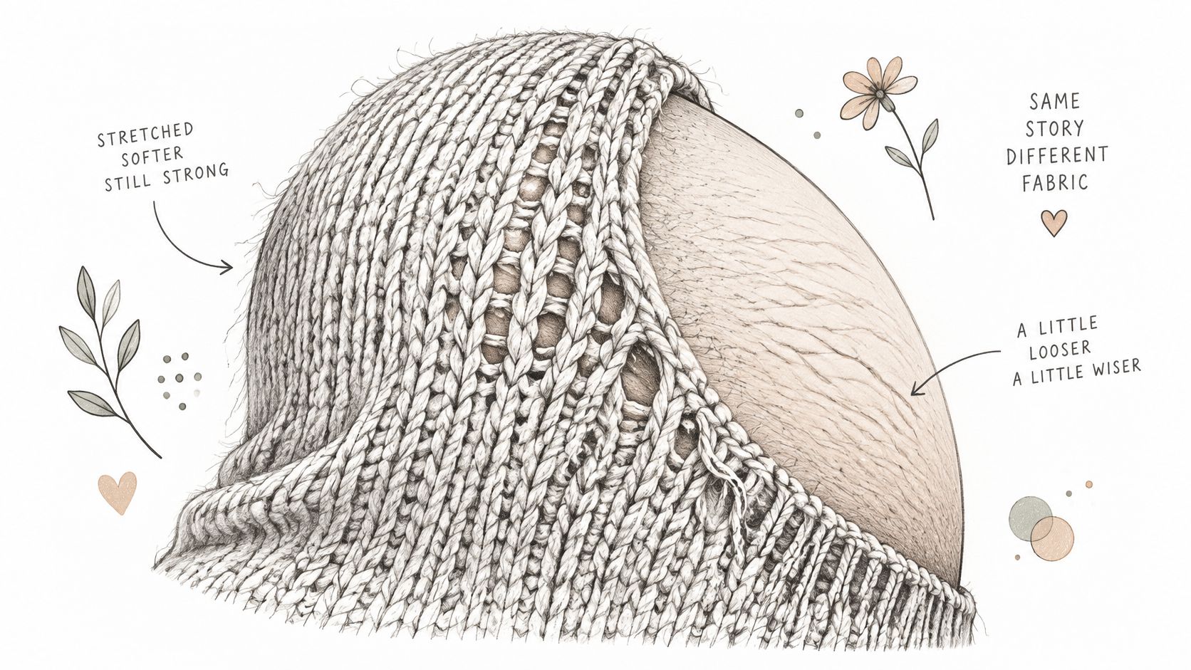A gentle illustration comparing skin texture and knitted fabric to embrace postpartum body changes and beauty.