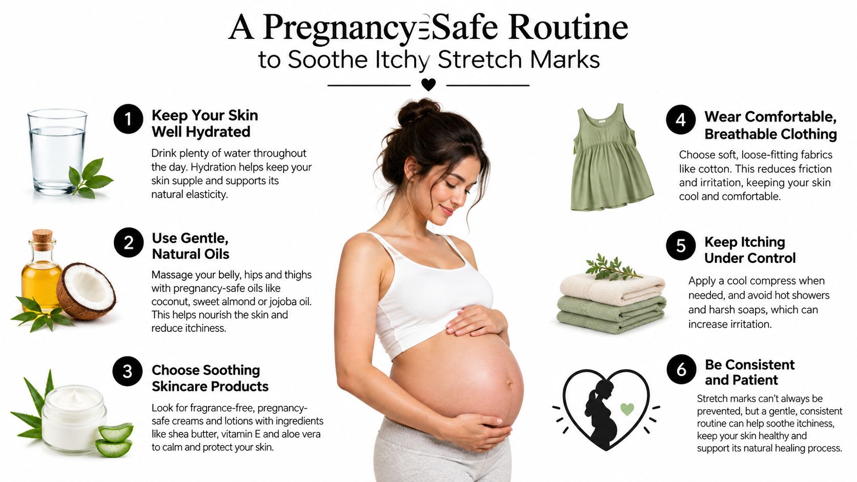An infographic showing a six-step pregnancy-safe routine to help soothe itchy skin and stretch marks.