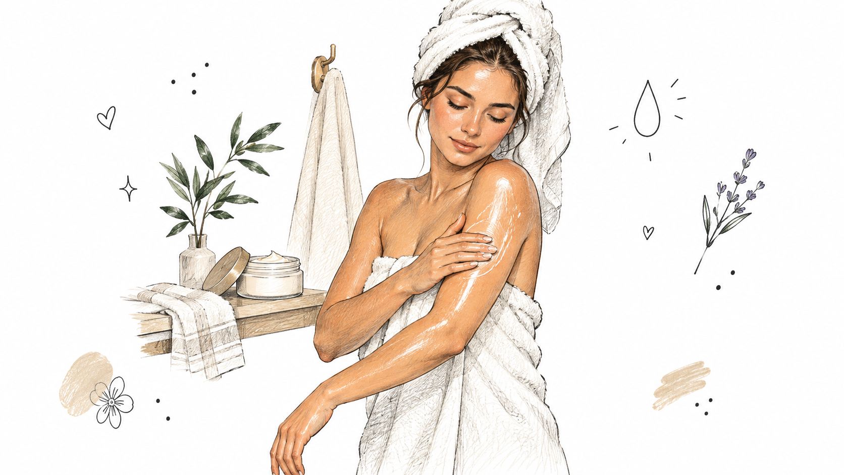 An artistic illustration of a woman in a towel applying body butter to her shoulder after bathing.