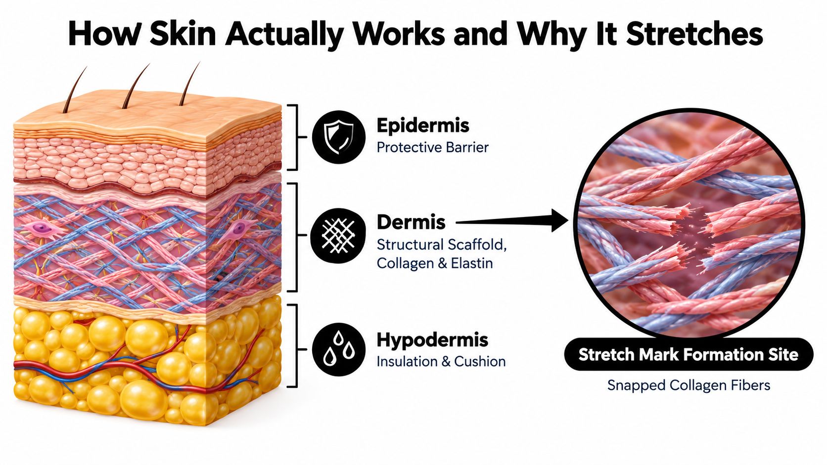 A diagram illustrating the three layers of human skin and the formation of stretch marks via snapped collagen fibers.