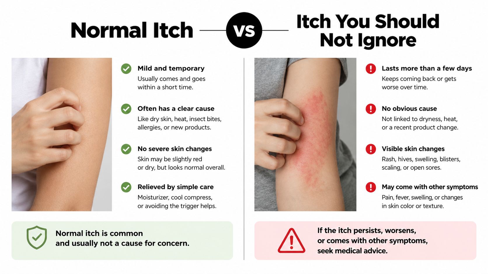An infographic comparing a normal, temporary itch to a persistent itch that requires medical attention.