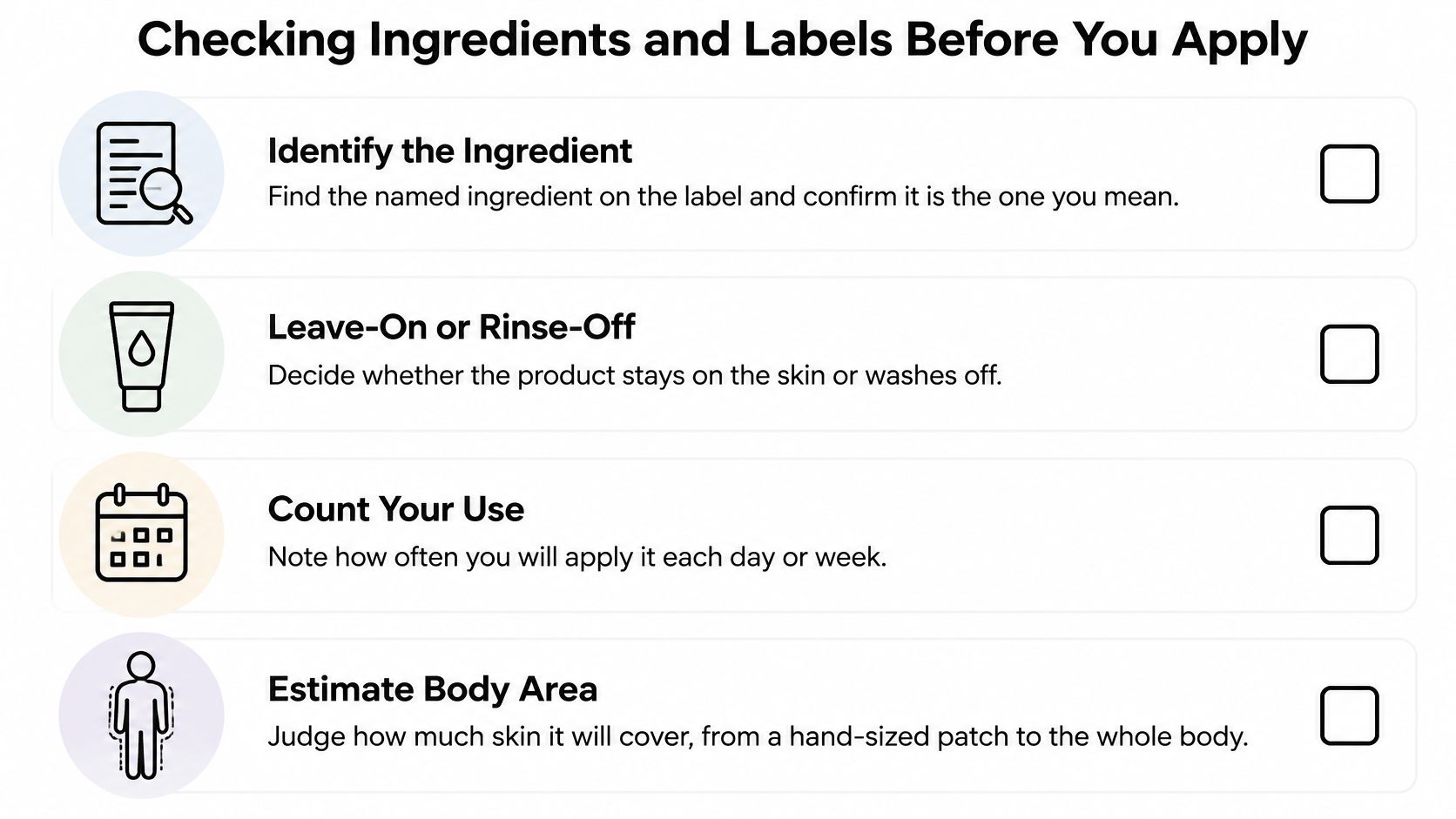 A checklist showing four important steps to take when checking product labels for skin care application.