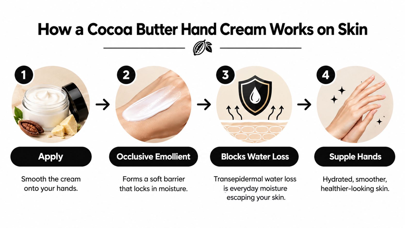 A four-step infographic showing how cocoa butter hand cream is applied to lock in skin moisture.