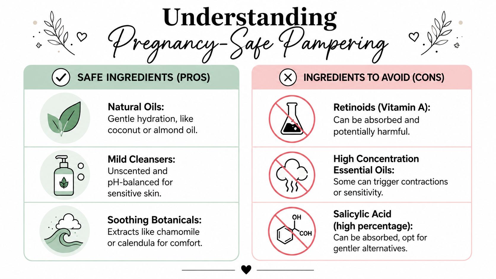 A simple infographic guide titled Understanding Pregnancy-Safe Pampering, listing recommended skincare ingredients and those to avoid.