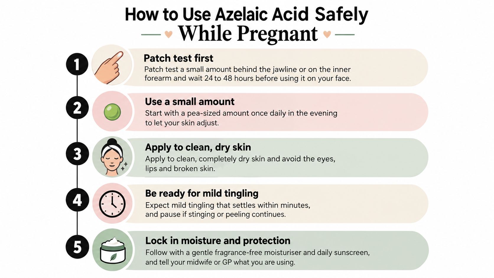 A step-by-step guide on how to safely use azelaic acid skincare products during pregnancy.