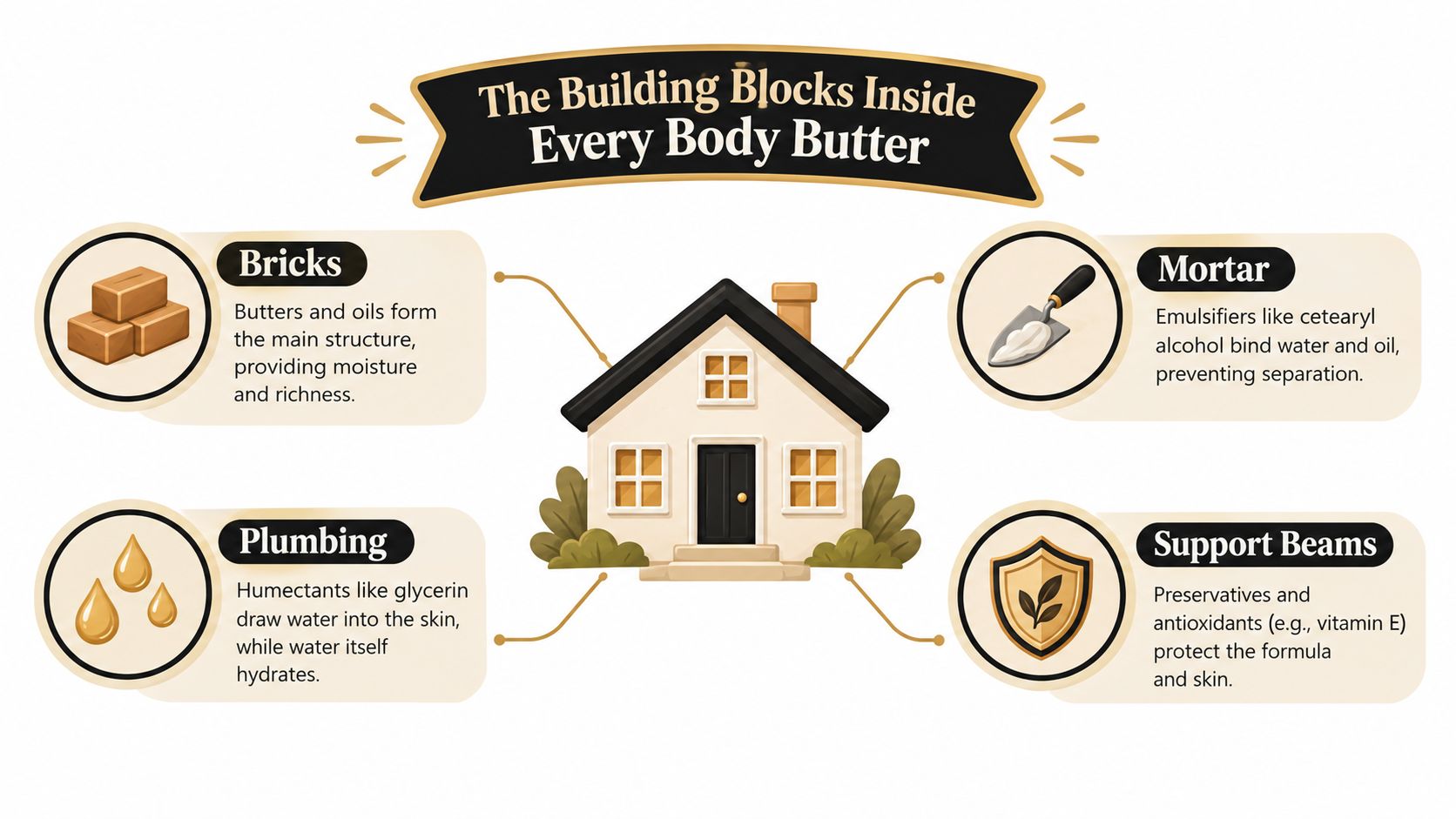 A visual infographic explaining the essential ingredients of body butter using a house construction metaphor.