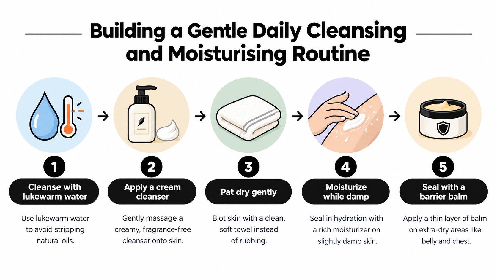 A five-step guide for a gentle daily cleansing and moisturizing routine for sensitive or dry skin.