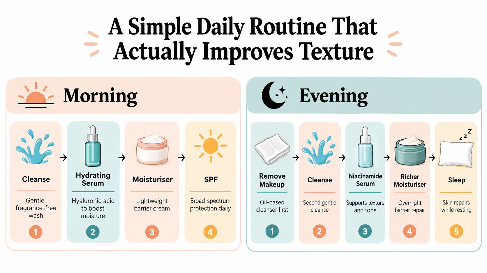 An infographic showing a simple, step-by-step skincare routine for improving skin texture in the morning and evening.