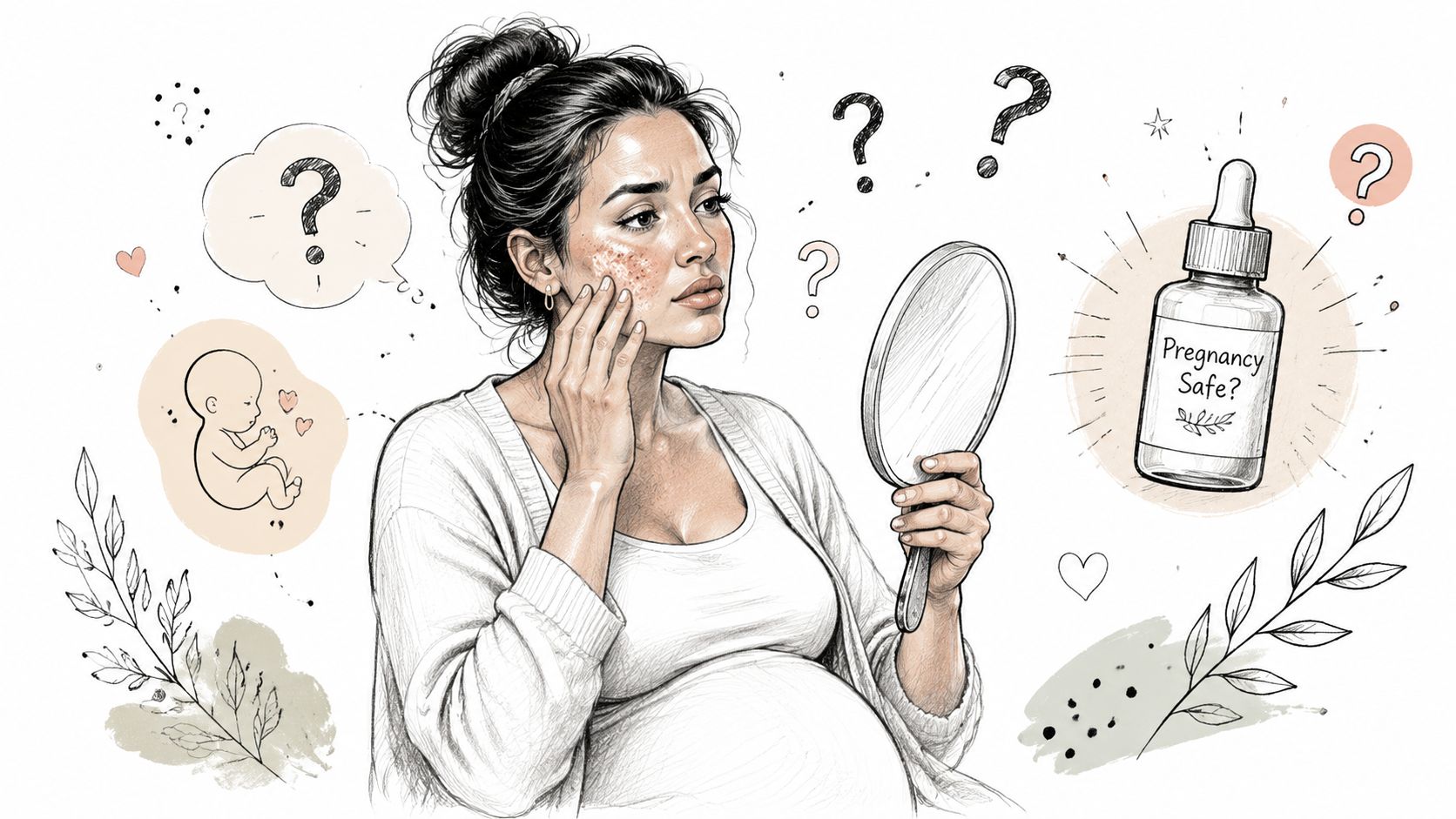 A pregnant woman looks at a mirror while contemplating whether a skincare serum is pregnancy safe.