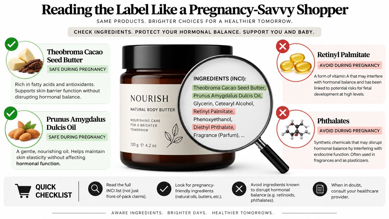 An infographic showing pregnancy-safe ingredients versus ingredients to avoid in beauty products for expectant mothers.