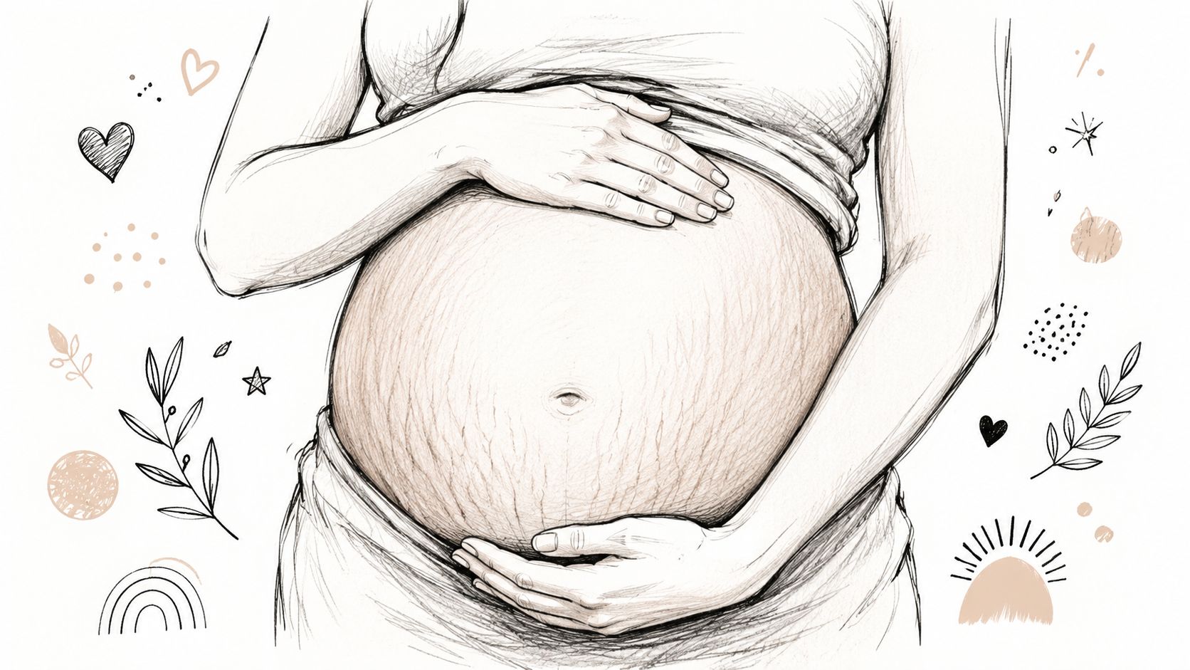 A line drawing of a pregnant woman holding her belly, which features visible stretch marks.