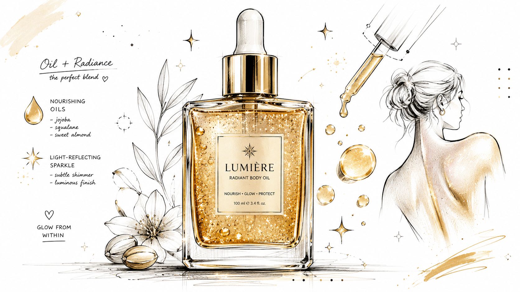A sophisticated illustrated advertisement for Lumière radiant body oil featuring a glass bottle, botanical elements, and glowing skin.
