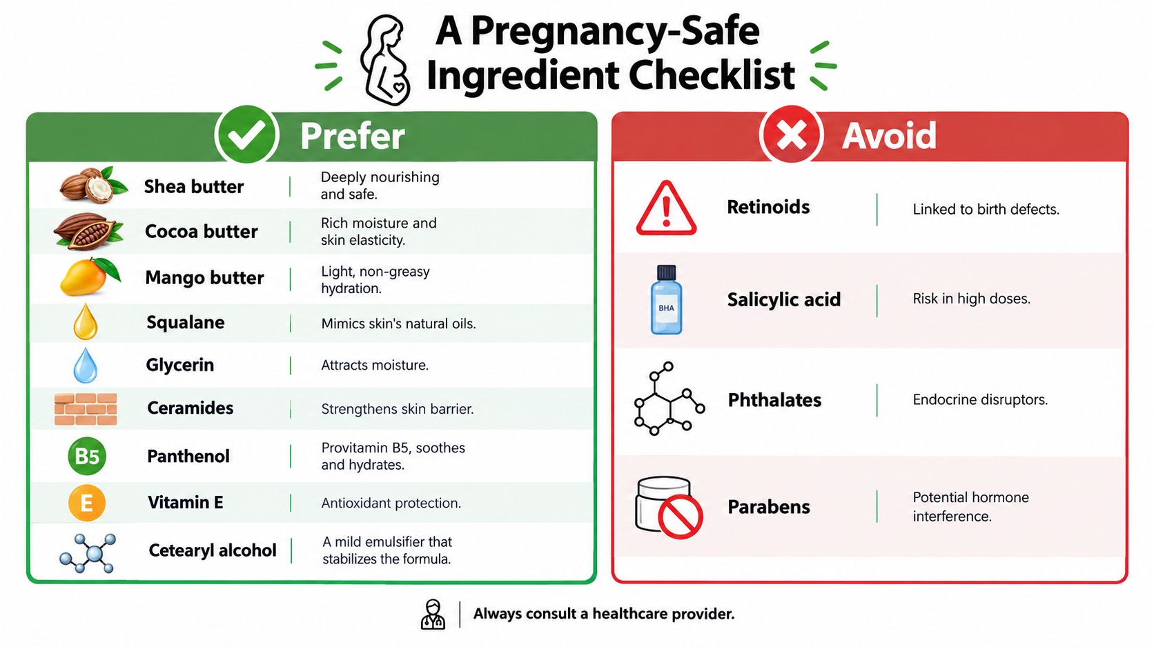 An educational chart listing pregnancy-safe skincare ingredients to prefer and hazardous ingredients to avoid during pregnancy.