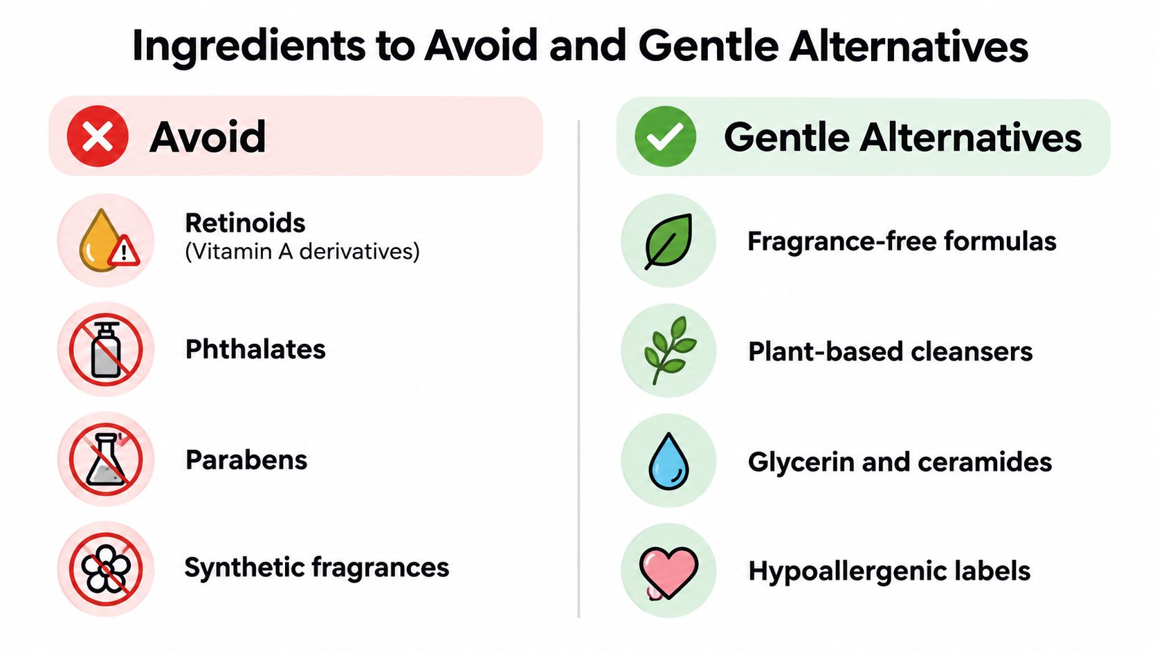 A graphic table comparing skincare ingredients to avoid versus gentle, safe alternatives for pregnancy skin care.