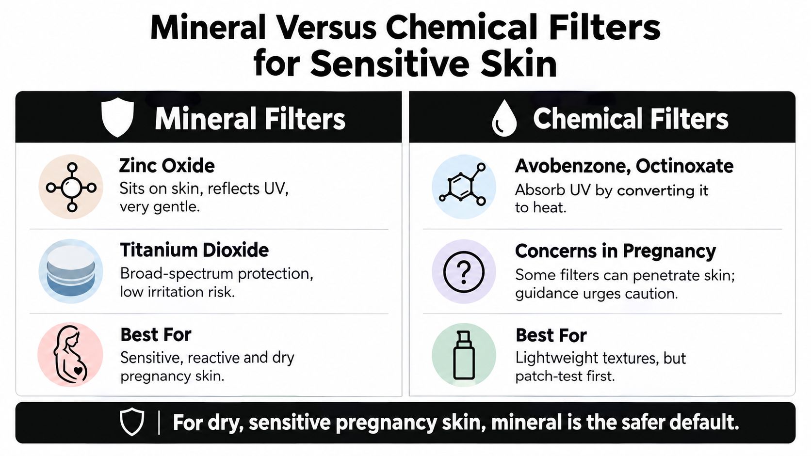 A comparison chart highlighting the differences between mineral and chemical sunscreen filters for sensitive pregnancy skin.