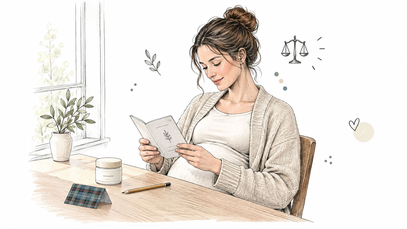 A pregnant woman sitting at a wooden table reading a small booklet with skincare products nearby.