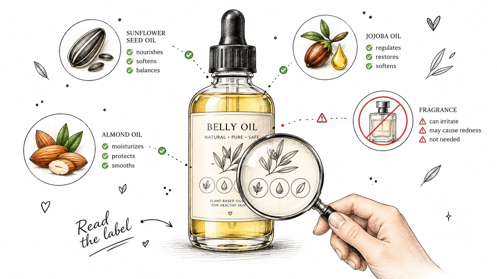 A hand holding a magnifying glass over a bottle of natural belly oil highlighting its plant-based ingredients.