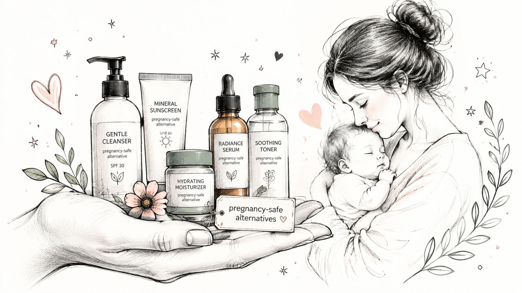 A gentle illustration of a mother holding her baby with skincare products labeled as pregnancy-safe alternatives.