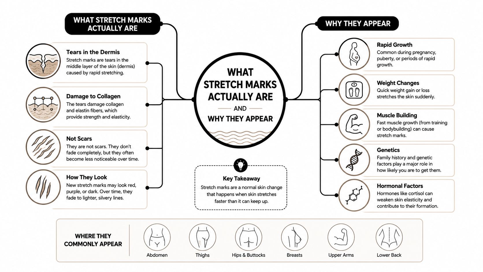 An infographic explaining what stretch marks are, why they appear, and common body areas they affect.