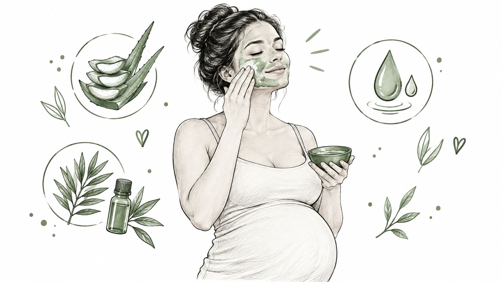 A pregnant woman applying a natural green face mask, symbolizing gentle and safe skincare during pregnancy.