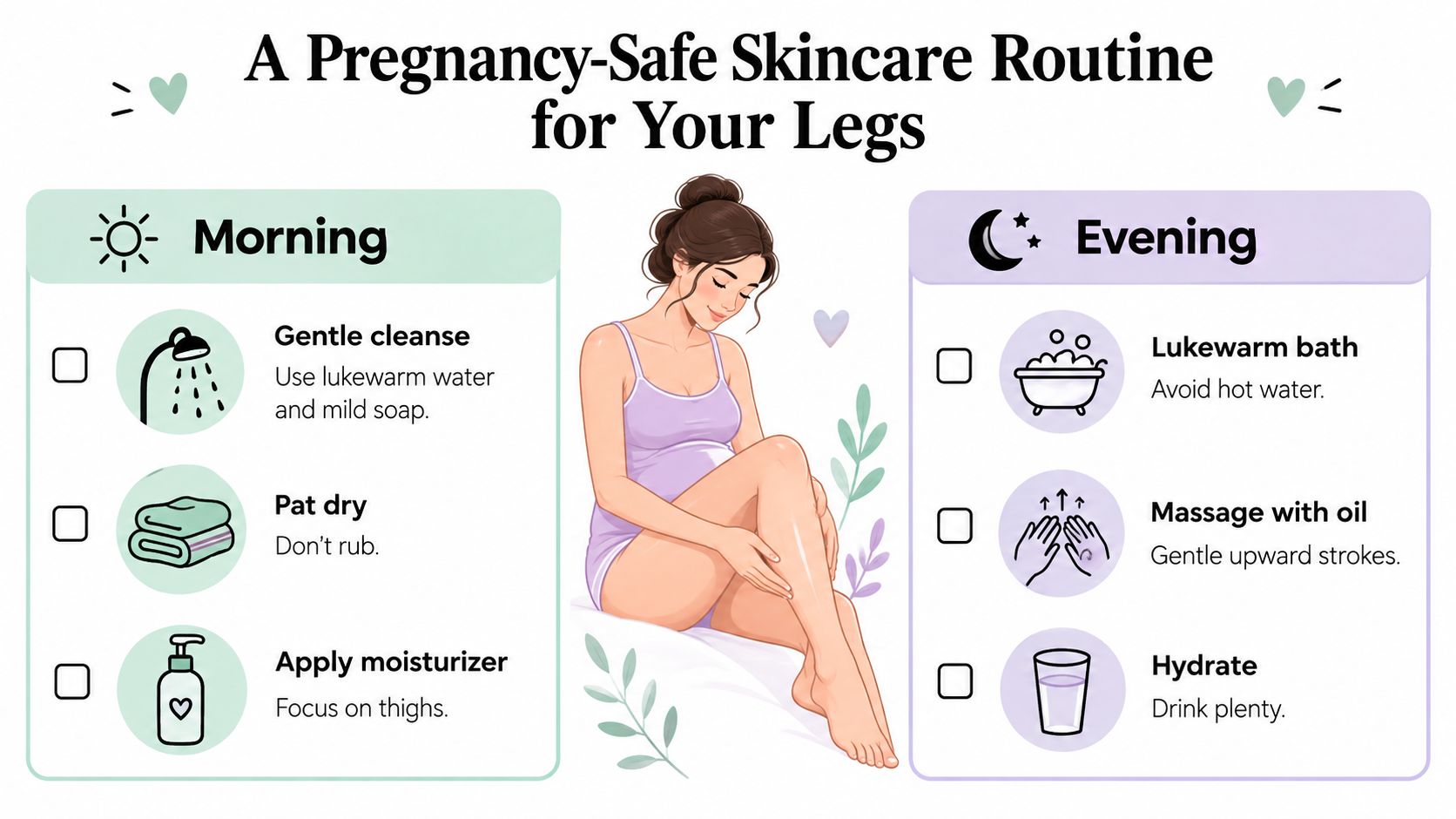 An infographic showing a pregnancy-safe daily skincare routine for legs featuring cleansing, moisturizing, and hydration steps.
