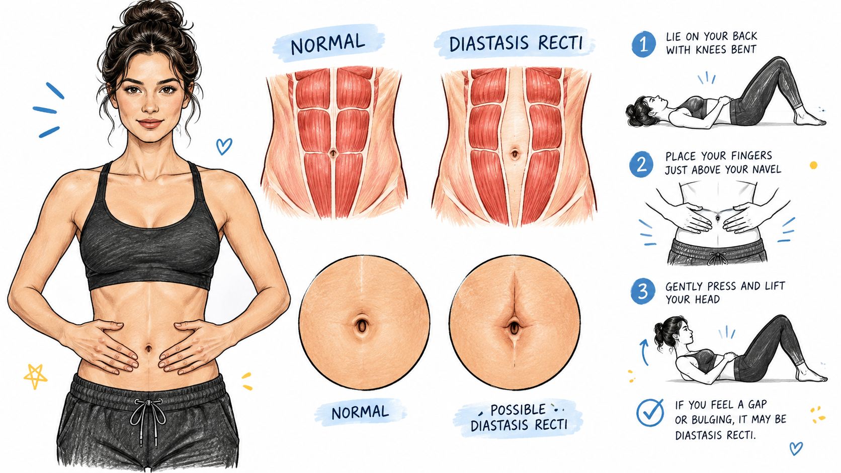 An educational illustration explaining how to check for diastasis recti after pregnancy using self-examination steps.