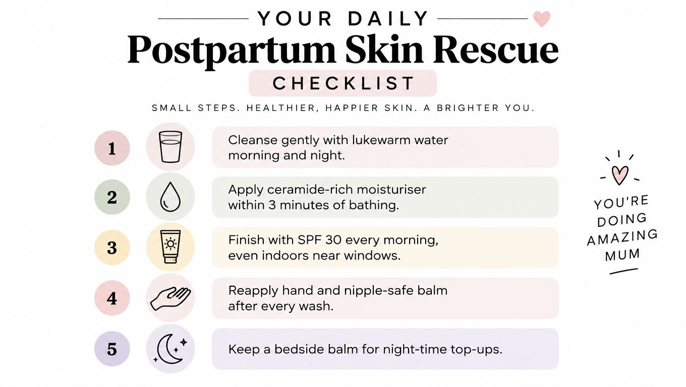 A postpartum skin care checklist with five steps for healthier, happier skin for new mothers.