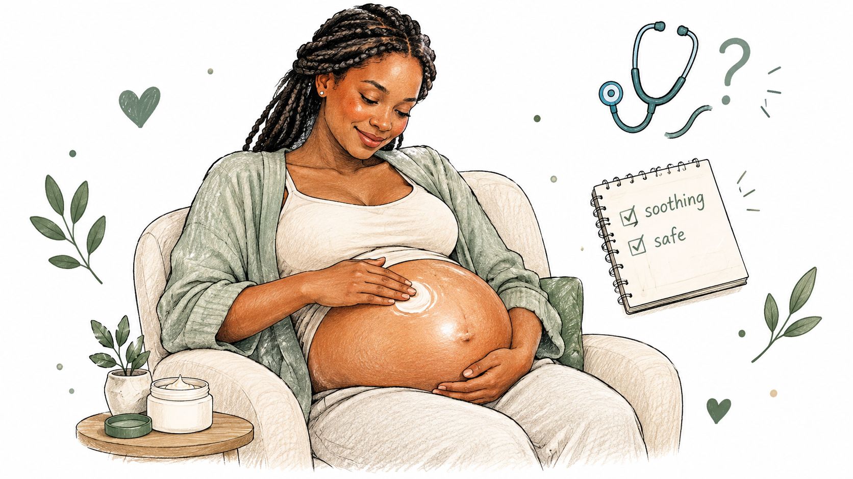A pregnant woman applying soothing body butter on her belly while sitting comfortably in an armchair.