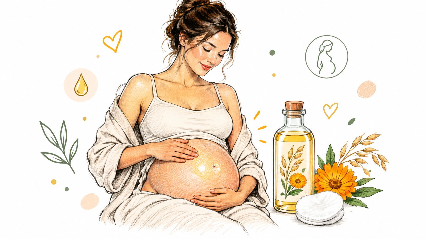 A pregnant woman smiling while applying natural organic tummy oil to her belly with botanical ingredients nearby.