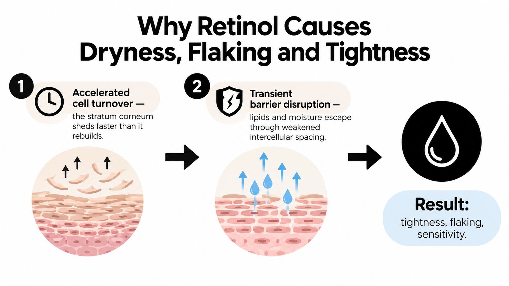 A diagram explaining why retinol causes dry skin, flaking, and tightness through accelerated cell turnover and barrier disruption.