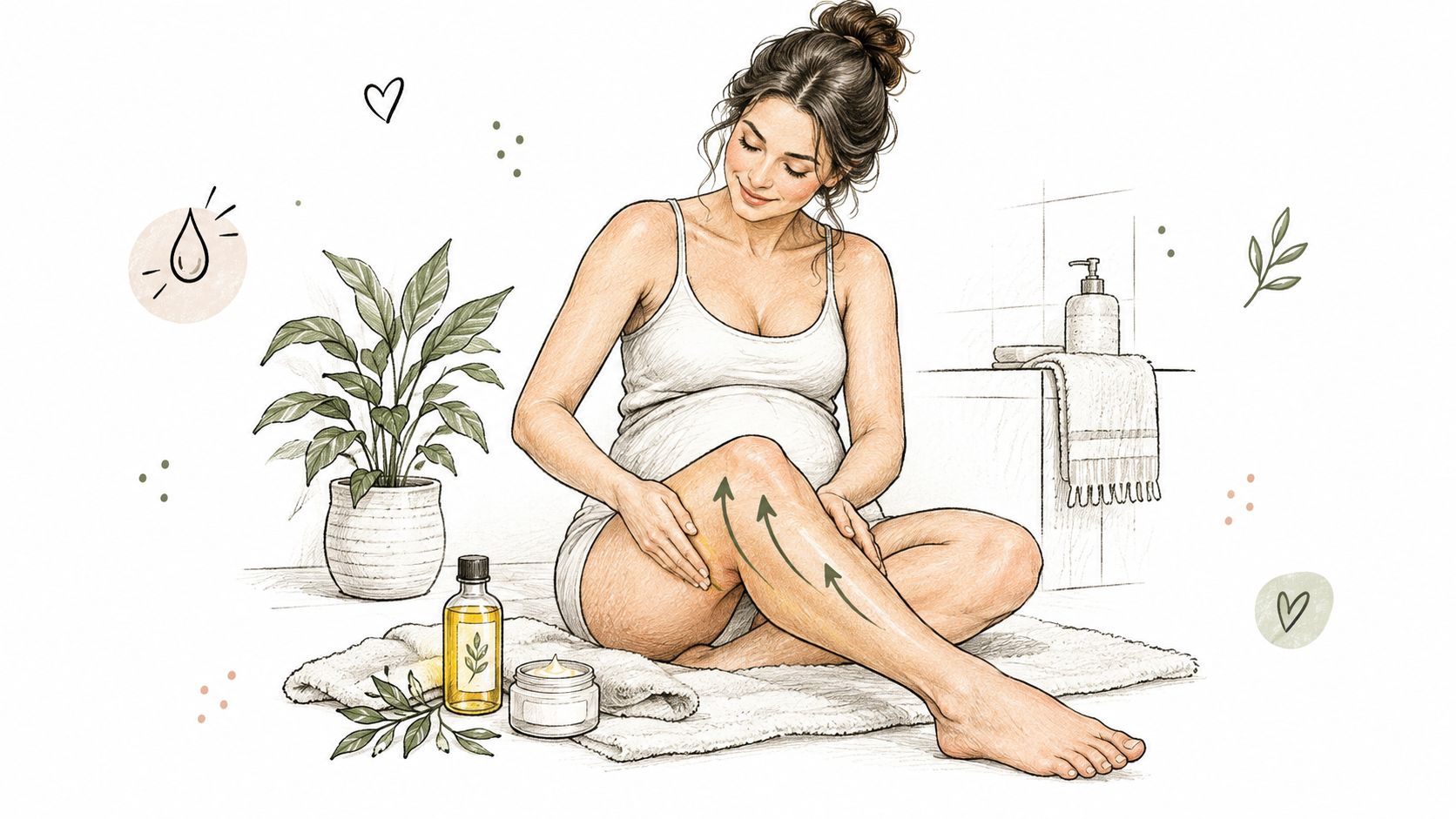 A pregnant woman applying skincare oil to her legs to help prevent or treat stretch marks.