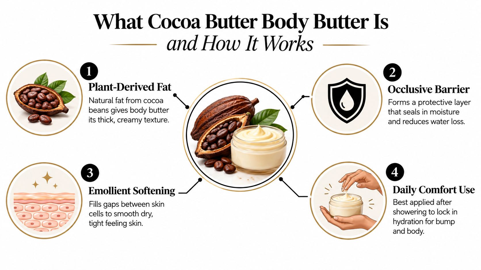 An infographic explaining the benefits and application of cocoa butter body butter for skin health.