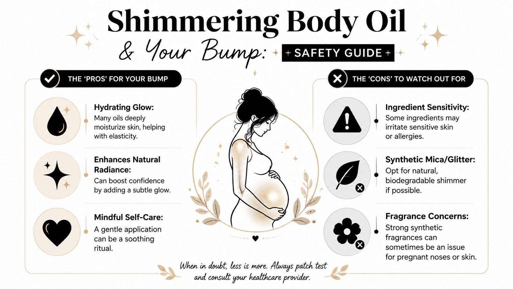 An infographic titled Shimmering Body Oil and Your Bump listing pros and cons for pregnancy skin care.