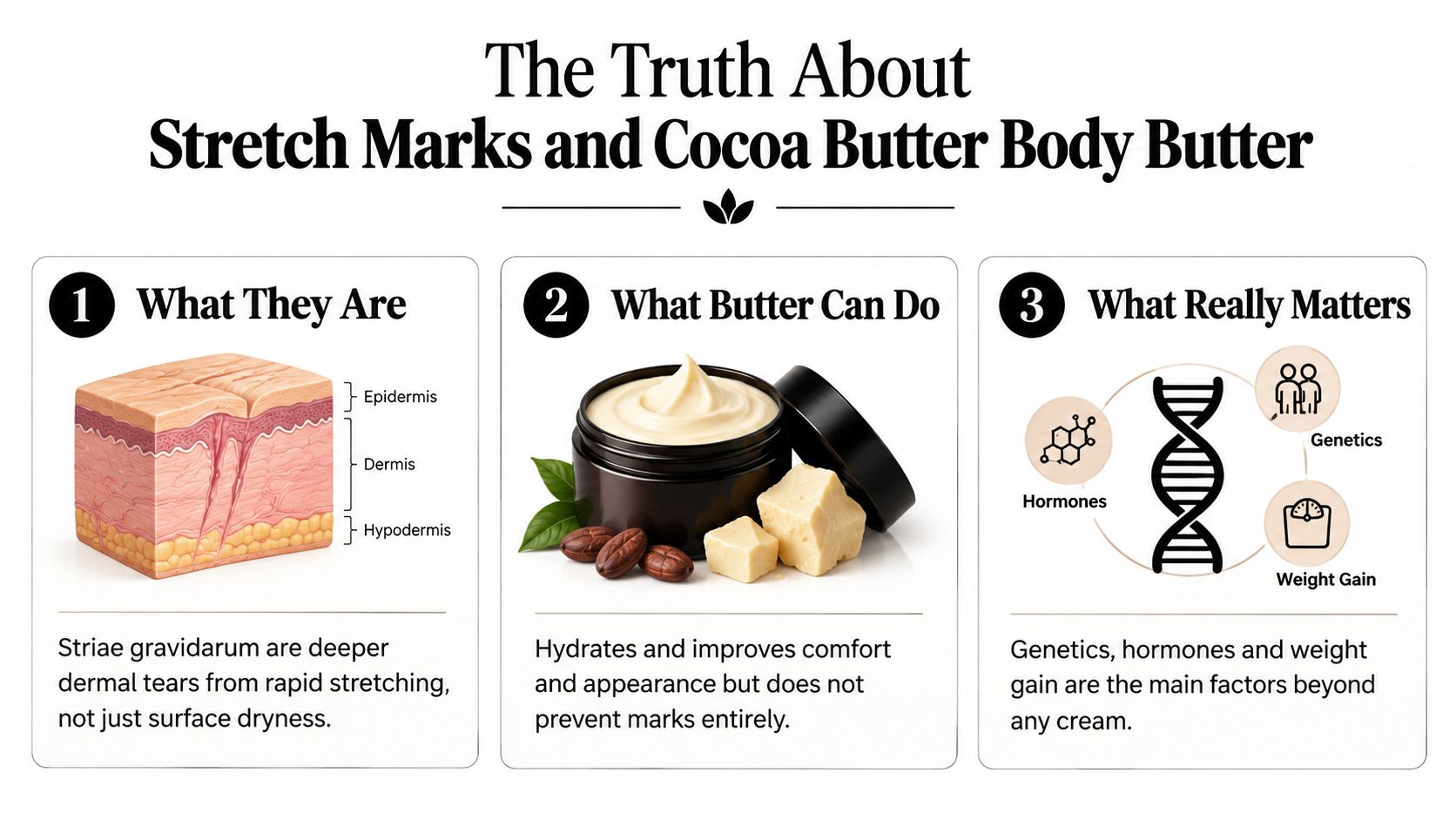 An infographic explaining that cocoa butter body butter helps skin hydration but cannot prevent stretch marks entirely.