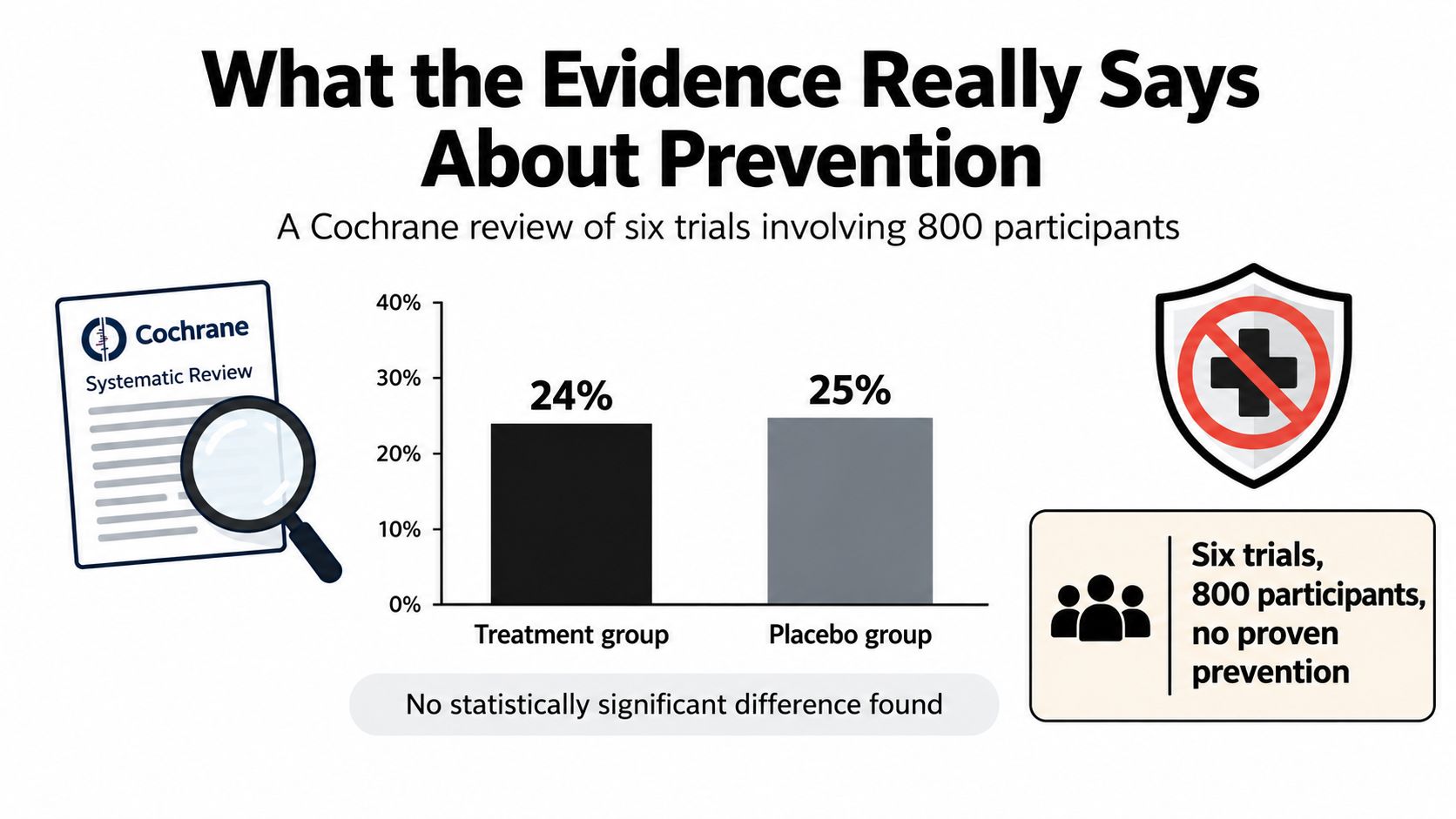A chart showing a Cochrane systematic review of six trials finding no statistically significant prevention effectiveness.